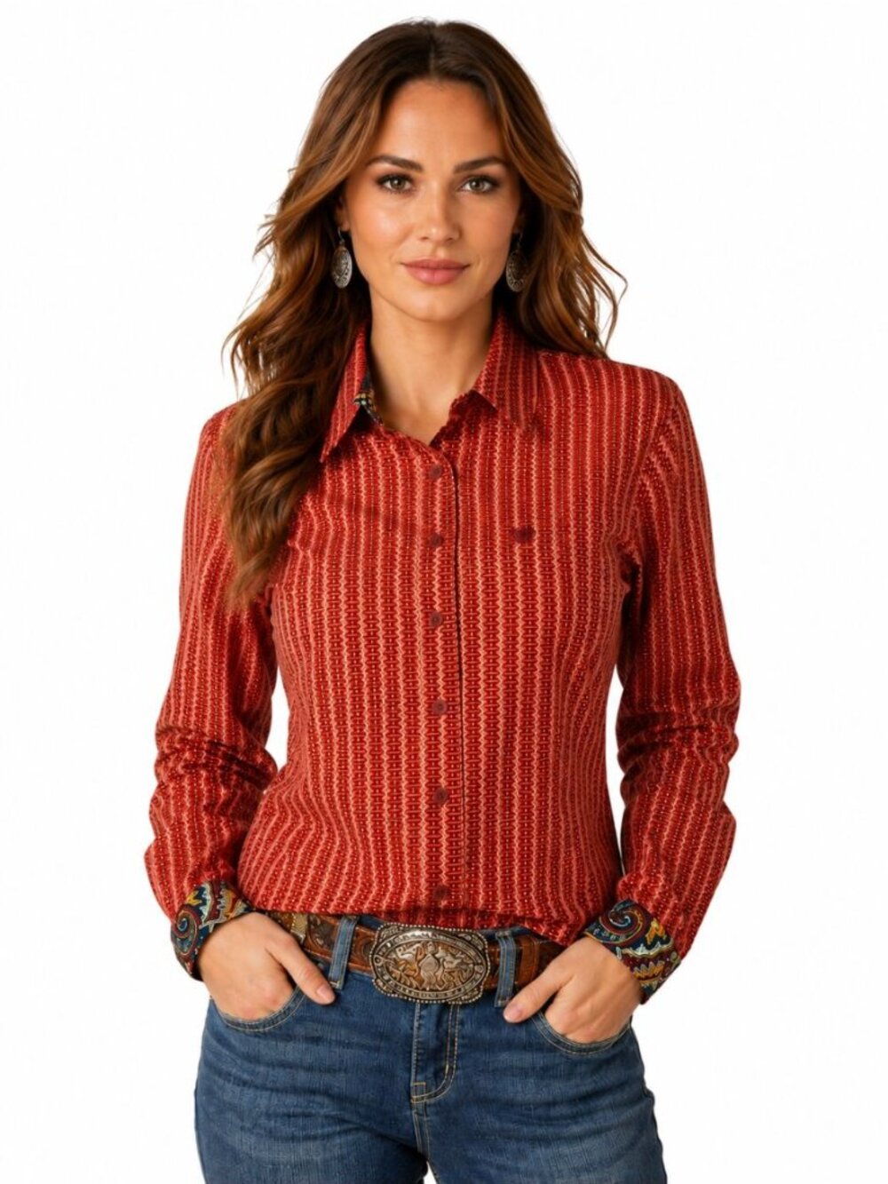 Cinch NWT Women's Zig-Zag Orange Button Down Western Shirt Contrast Cuffs Size L